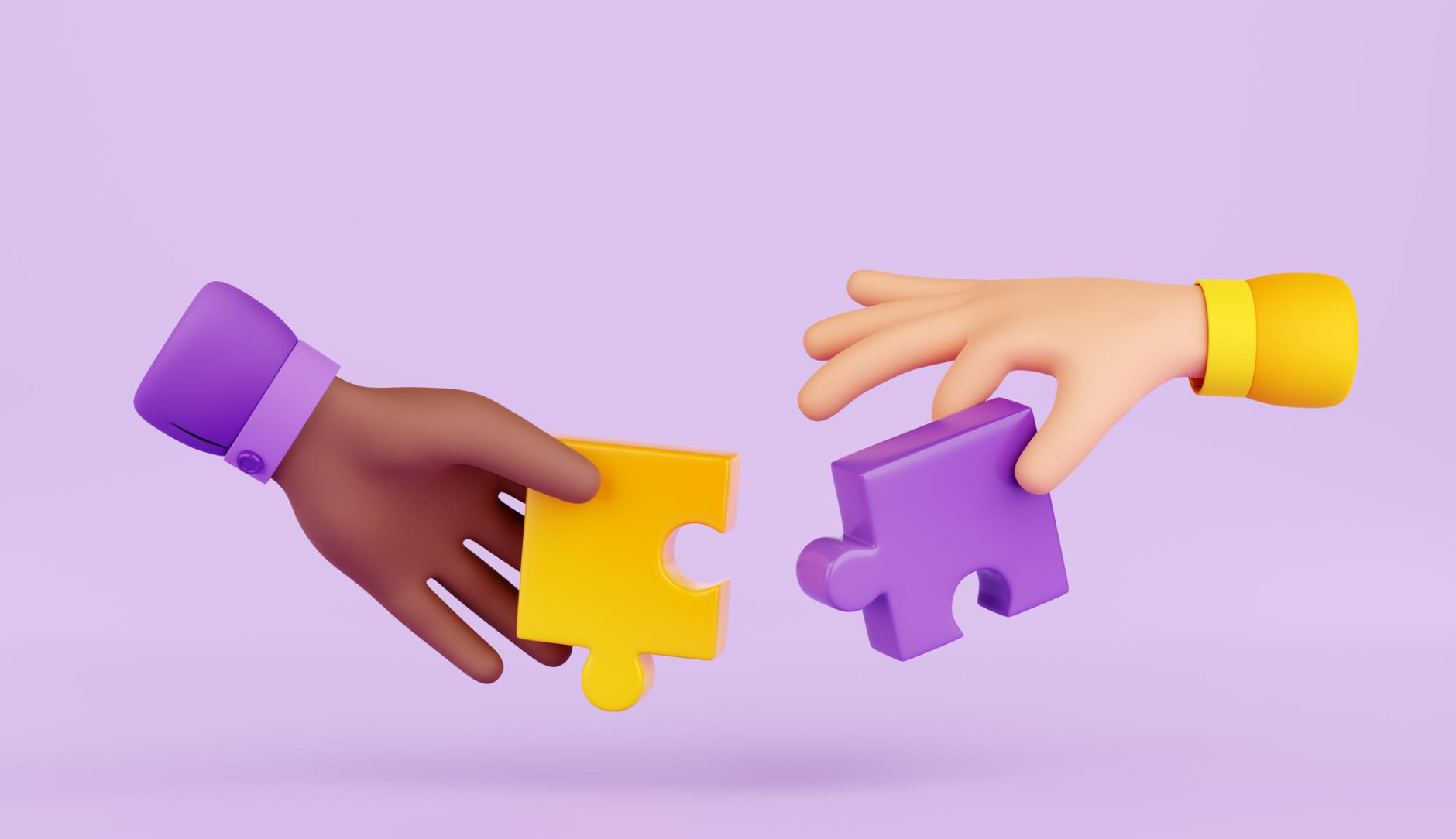 3D animatie van 2 handen die puzzel stukjes vasthouden. De mouwen en puzzelstukjes zijn paars en geel.