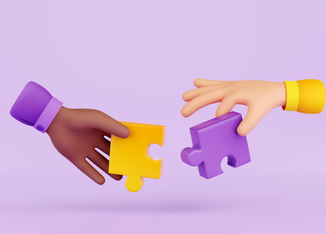 3D animatie van 2 handen die puzzel stukjes vasthouden. De mouwen en puzzelstukjes zijn paars en geel.