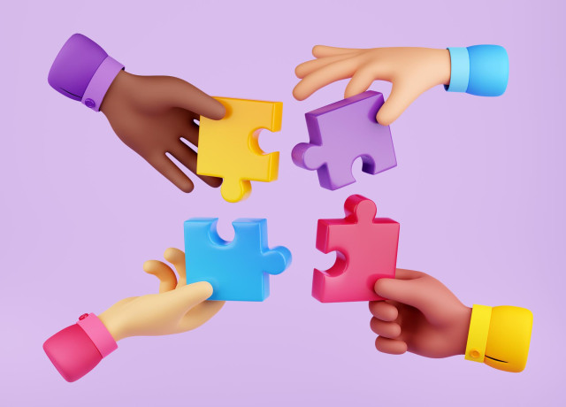 3D animatie van 4 handen die 4 puzzel stukjes vasthouden. De mouwen en puzzelstukjes zijn paars, blauw, rood en geel.