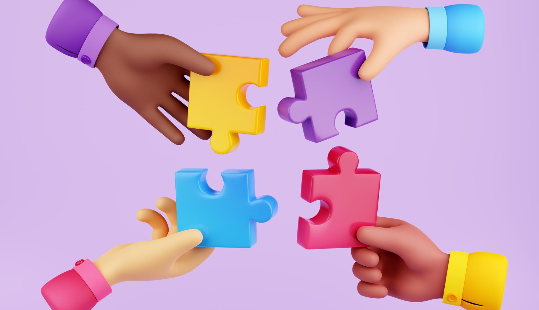 3D animatie van 4 handen die 4 puzzel stukjes vasthouden. De mouwen en puzzelstukjes zijn paars, blauw, rood en geel.