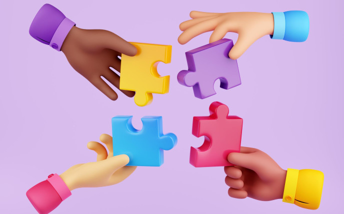 3D animatie van 4 handen die 4 puzzel stukjes vasthouden. De mouwen en puzzelstukjes zijn paars, blauw, rood en geel.