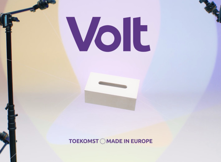 Een vliegende witte stem box voor het Volt logo