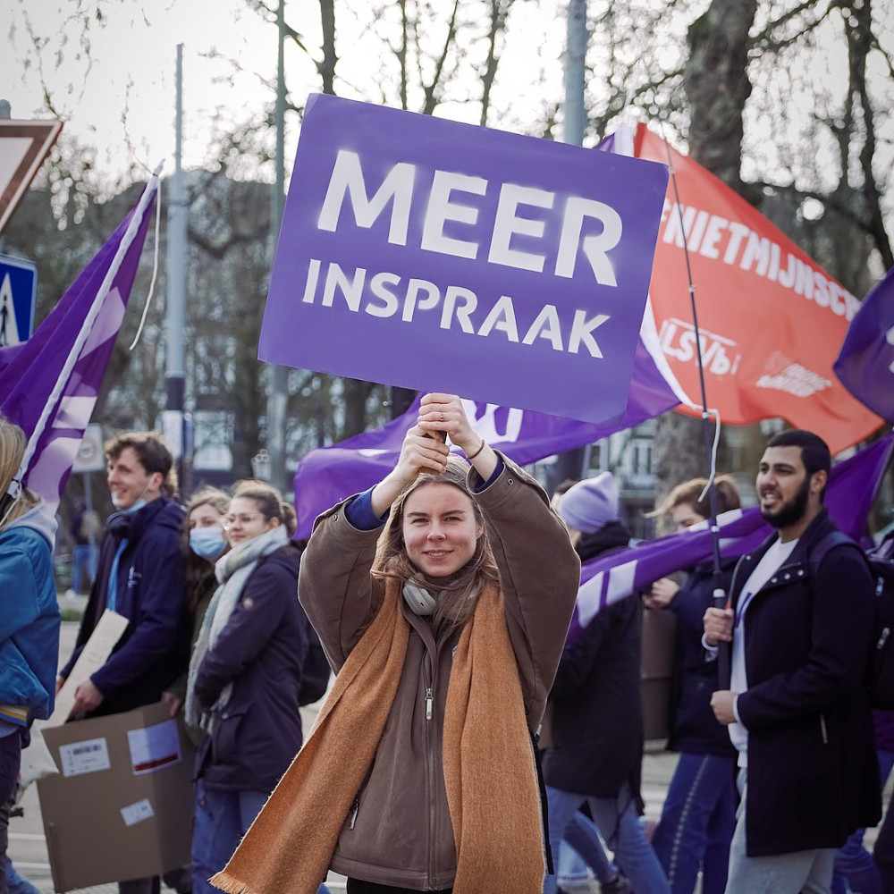 Vrouw die paars bord omhoog houdt met tekst meer inspraak
