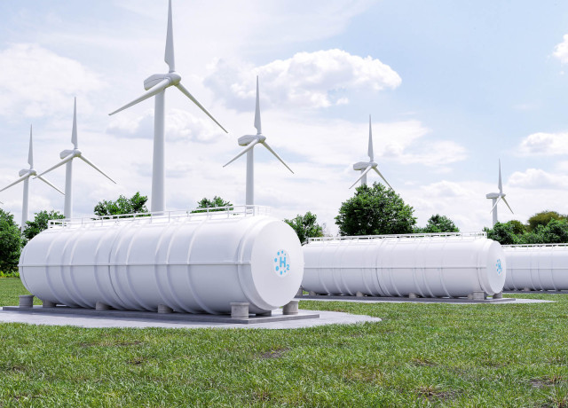 Waterstof tankers met windmolens op de achtergrond