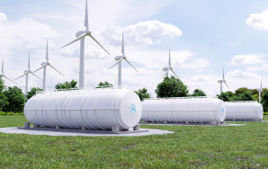 Waterstof tankers met windmolens op de achtergrond