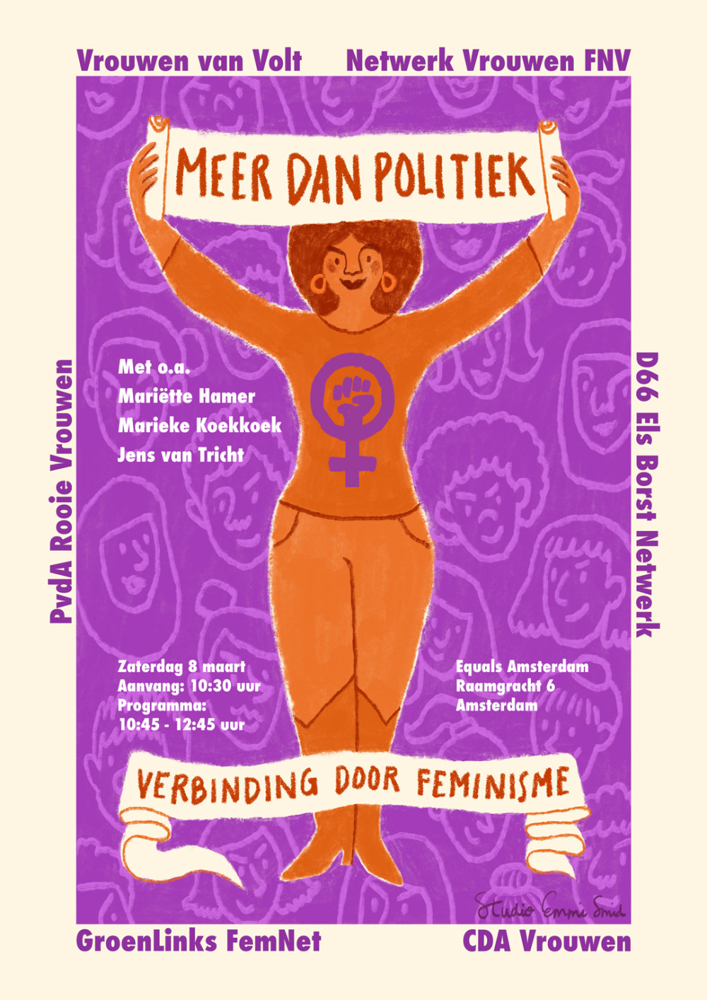 Poster save the date vrouwen voor volt feminist march in Amsterdam 2025