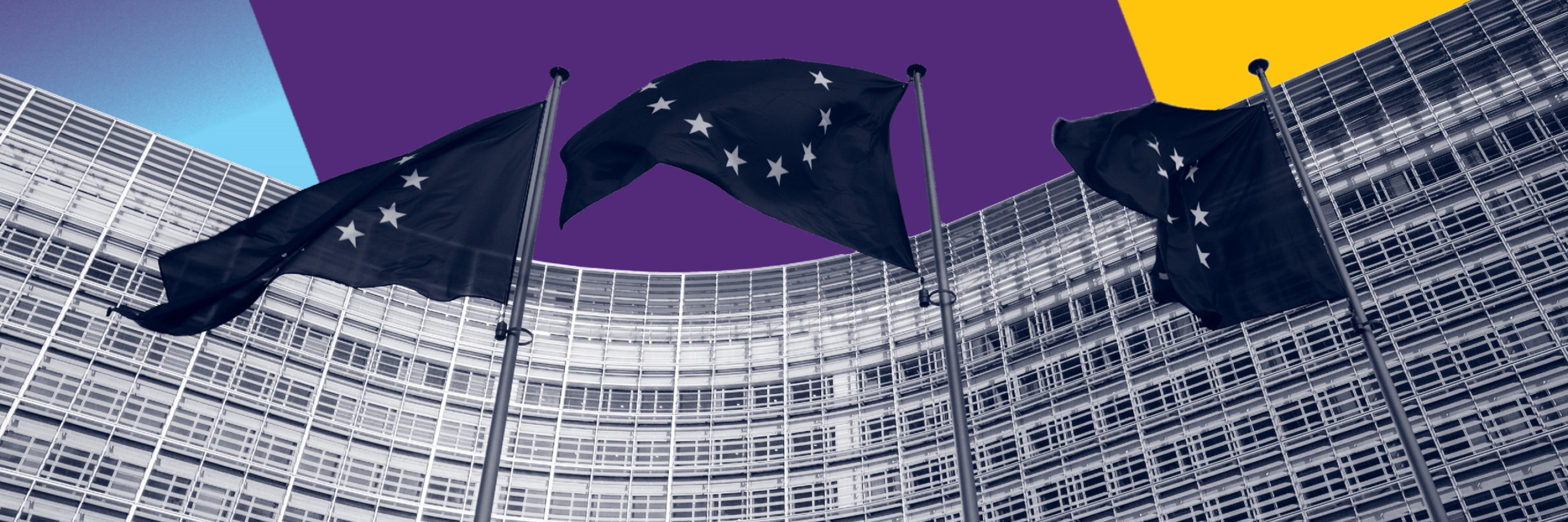 Europese parlement met Europa vlaggen met een geel, paarse en blauwe achtergrond