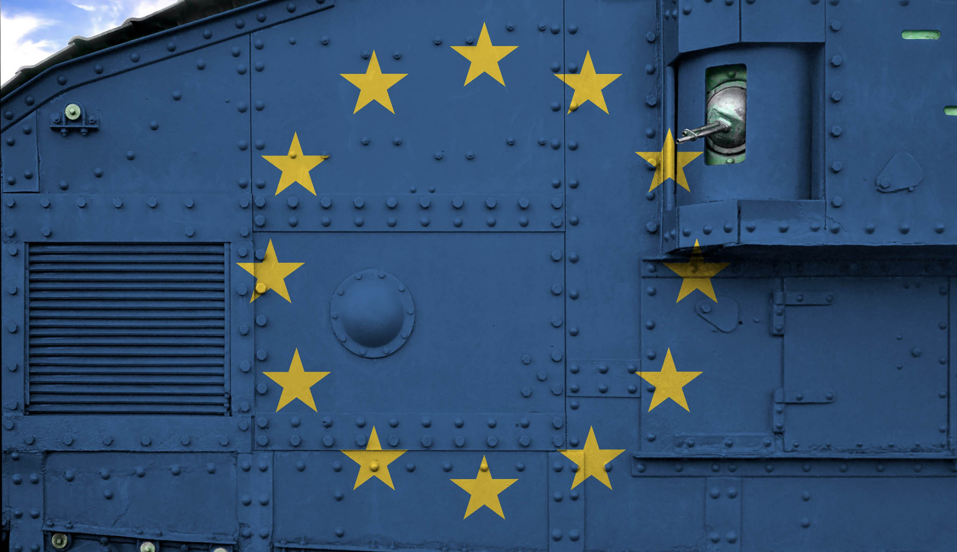 Een legervoertuig met een Europese vlag
