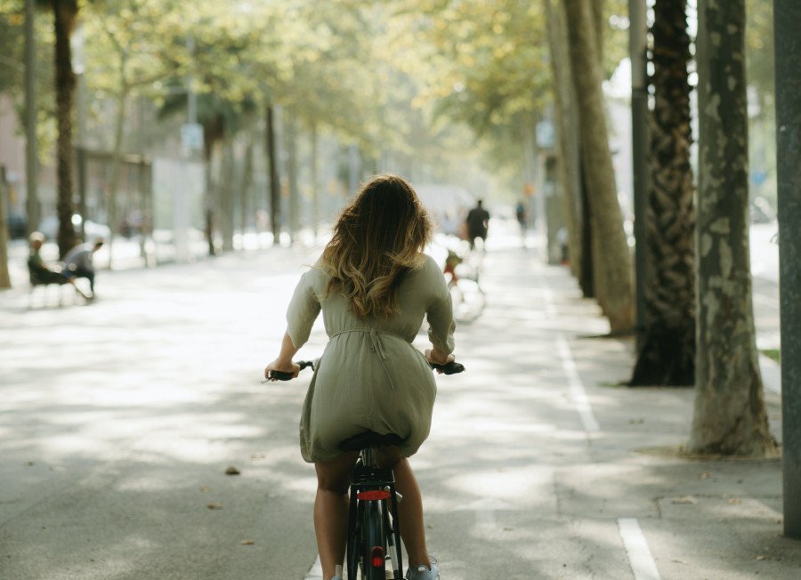 Persoon op een fiets. Fiets over fiets pad op zonnige dag tussen de bomen.