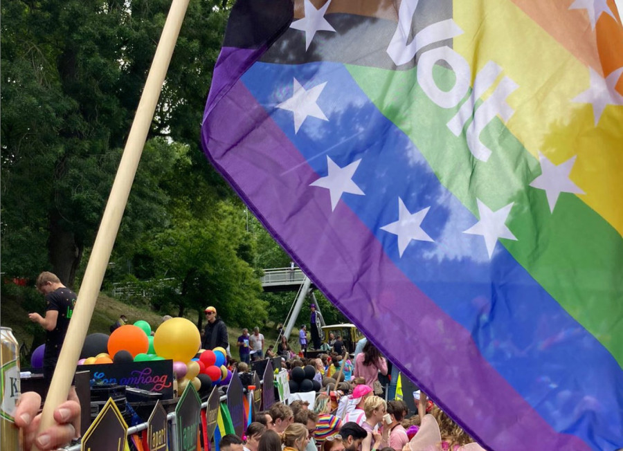 Volters op een pride parade. Ze houden een grote pride volg omhoog met het Volt logo er in.