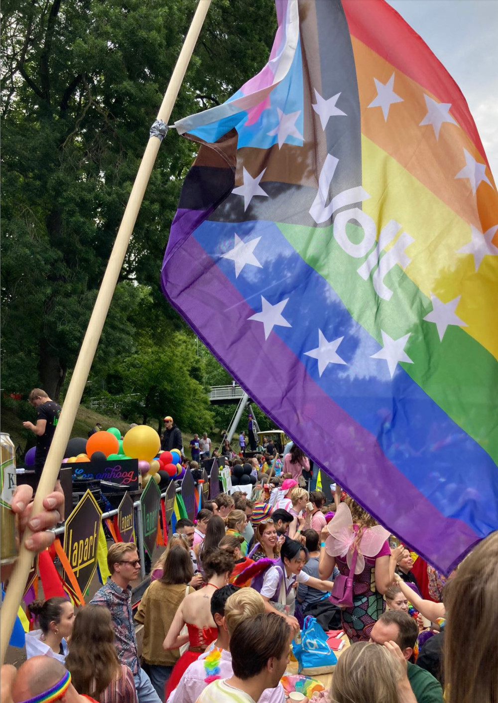 Volters op een pride parade. Ze houden een grote pride volg omhoog met het Volt logo er in.