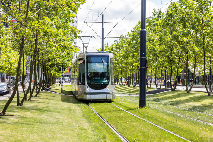 Een tram die rijdt door een groene omgeving in een stad