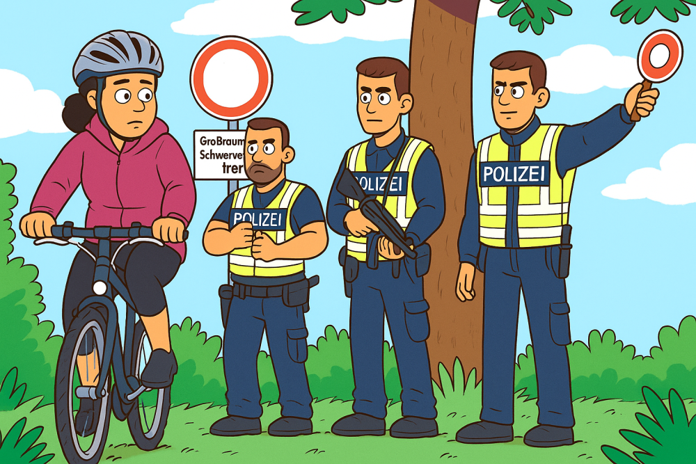 AI gegenereerde afbeelding van een fietser bij een duitse grenscontrole