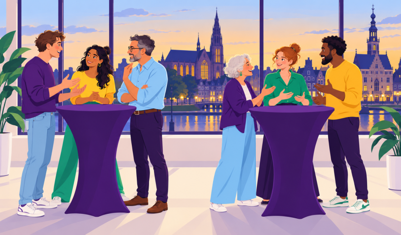 Illustratie van mensen die rond paarse statafels met elkaar in gesprek zijn, met op de achtergrond de skyline van Alkmaar.
