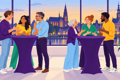 Illustratie van mensen die rond paarse statafels met elkaar in gesprek zijn, met op de achtergrond de skyline van Alkmaar.