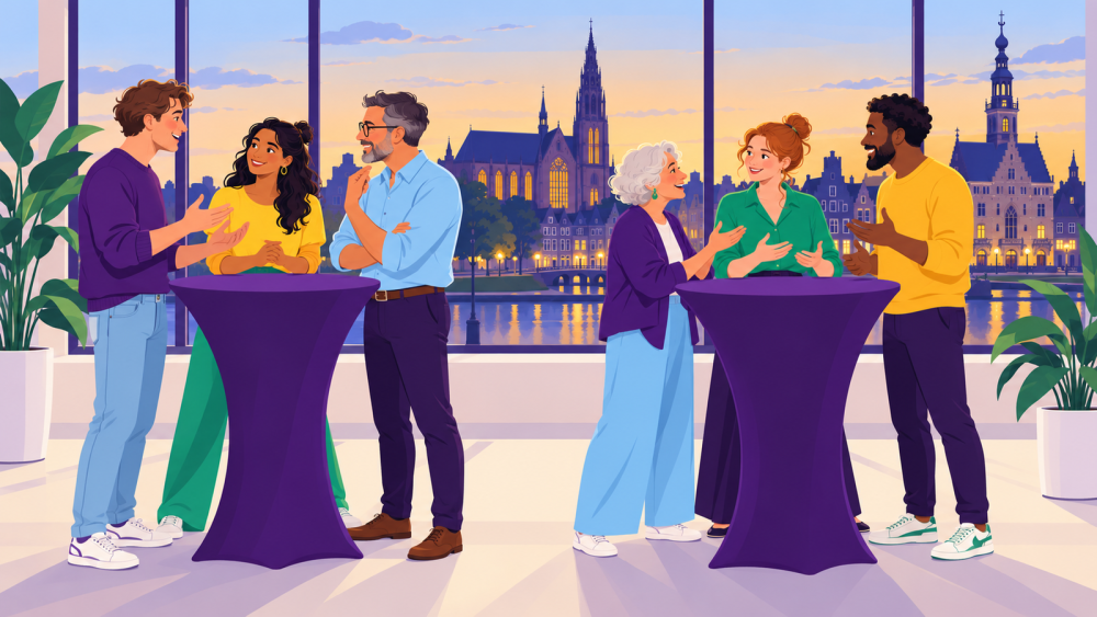 Illustratie van mensen die rond paarse statafels met elkaar in gesprek zijn, met op de achtergrond de skyline van Alkmaar.