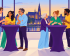 Illustratie van mensen die rond paarse statafels met elkaar in gesprek zijn, met op de achtergrond de skyline van Alkmaar.