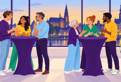 Illustratie van mensen die rond paarse statafels met elkaar in gesprek zijn, met op de achtergrond de skyline van Alkmaar.