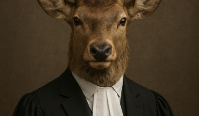 Een hert uitgedost als advocaat