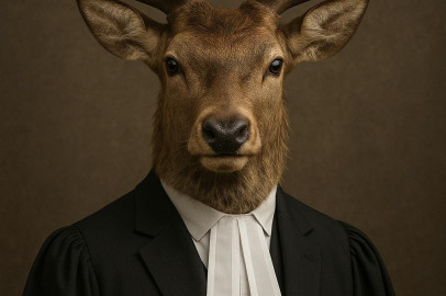 Een hert uitgedost als advocaat