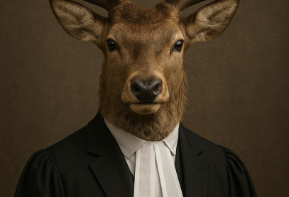 Een hert uitgedost als advocaat