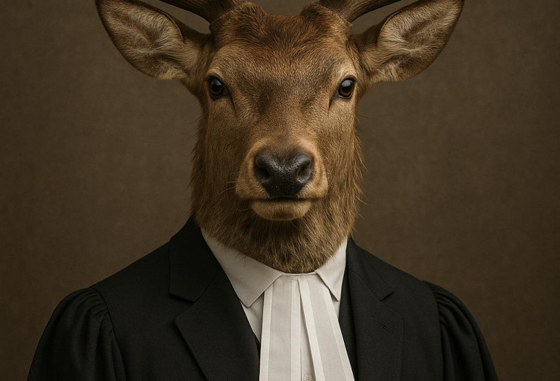 Een hert uitgedost als advocaat