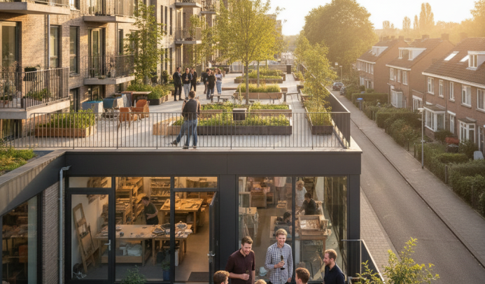 Deventer nieuwbouw combi voor wonen en ondernemen (AI generated)