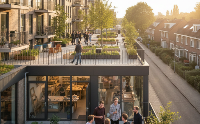 Deventer nieuwbouw combi voor wonen en ondernemen (AI generated)