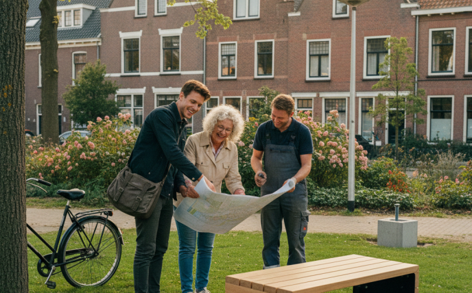 Buurtbewoners overleggen met gemeente en uitvoerder (AI generated).