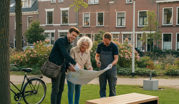 Buurtbewoners overleggen met gemeente en uitvoerder (AI generated).