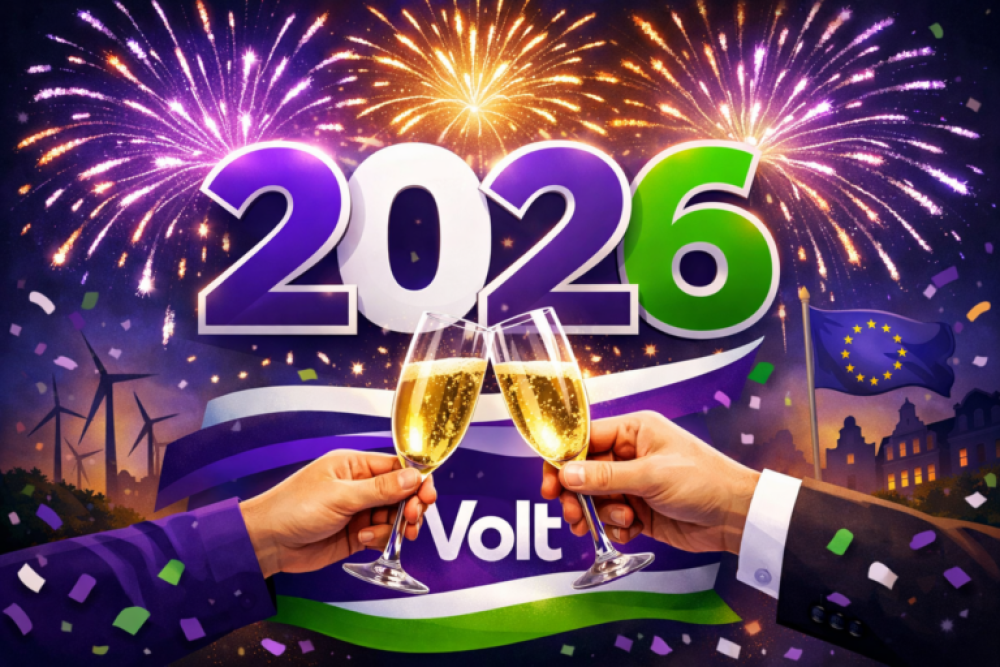 AI gegenereerde illustratie Proosten op 2026 met Champagne en Volt logo