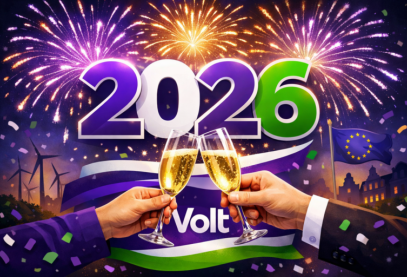 AI gegenereerde illustratie Proosten op 2026 met Champagne en Volt logo