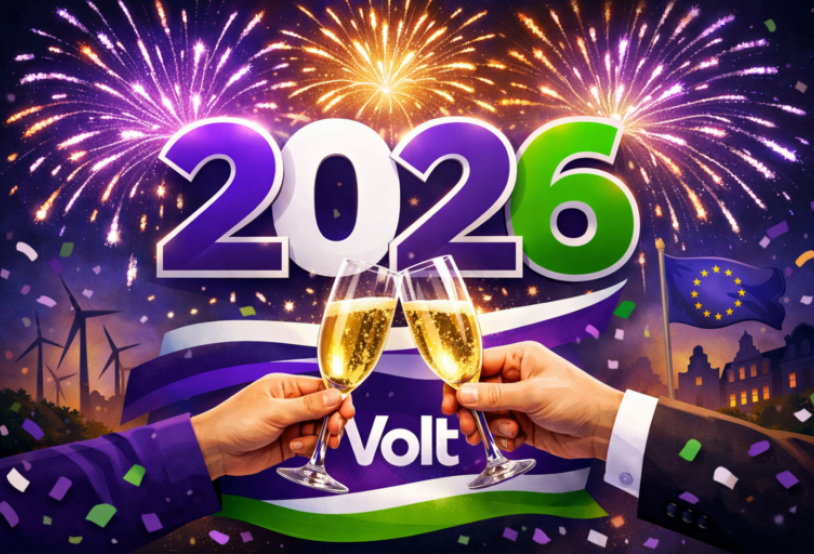 AI gegenereerde illustratie Proosten op 2026 met Champagne en Volt logo