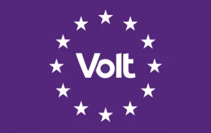 Wit Volt logo in witte Eu sterren voor paarse achtergrond
