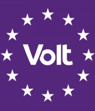 Wit Volt logo in witte Eu sterren voor paarse achtergrond