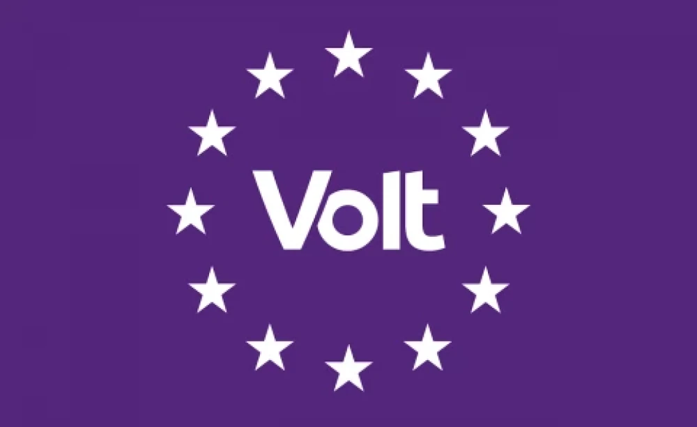 Wit Volt logo in witte Eu sterren voor paarse achtergrond