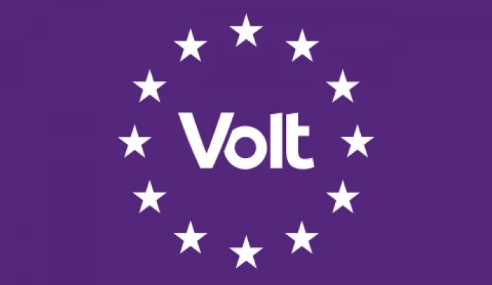 Wit Volt logo in witte Eu sterren voor paarse achtergrond