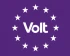 Wit Volt logo in witte Eu sterren voor paarse achtergrond