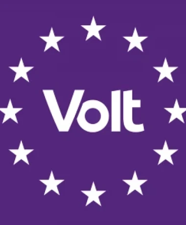 Wit Volt logo in witte Eu sterren voor paarse achtergrond