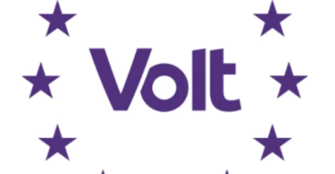 Paarse Volt logo in paarse Eu sterren