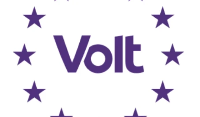 Paarse Volt logo in paarse Eu sterren