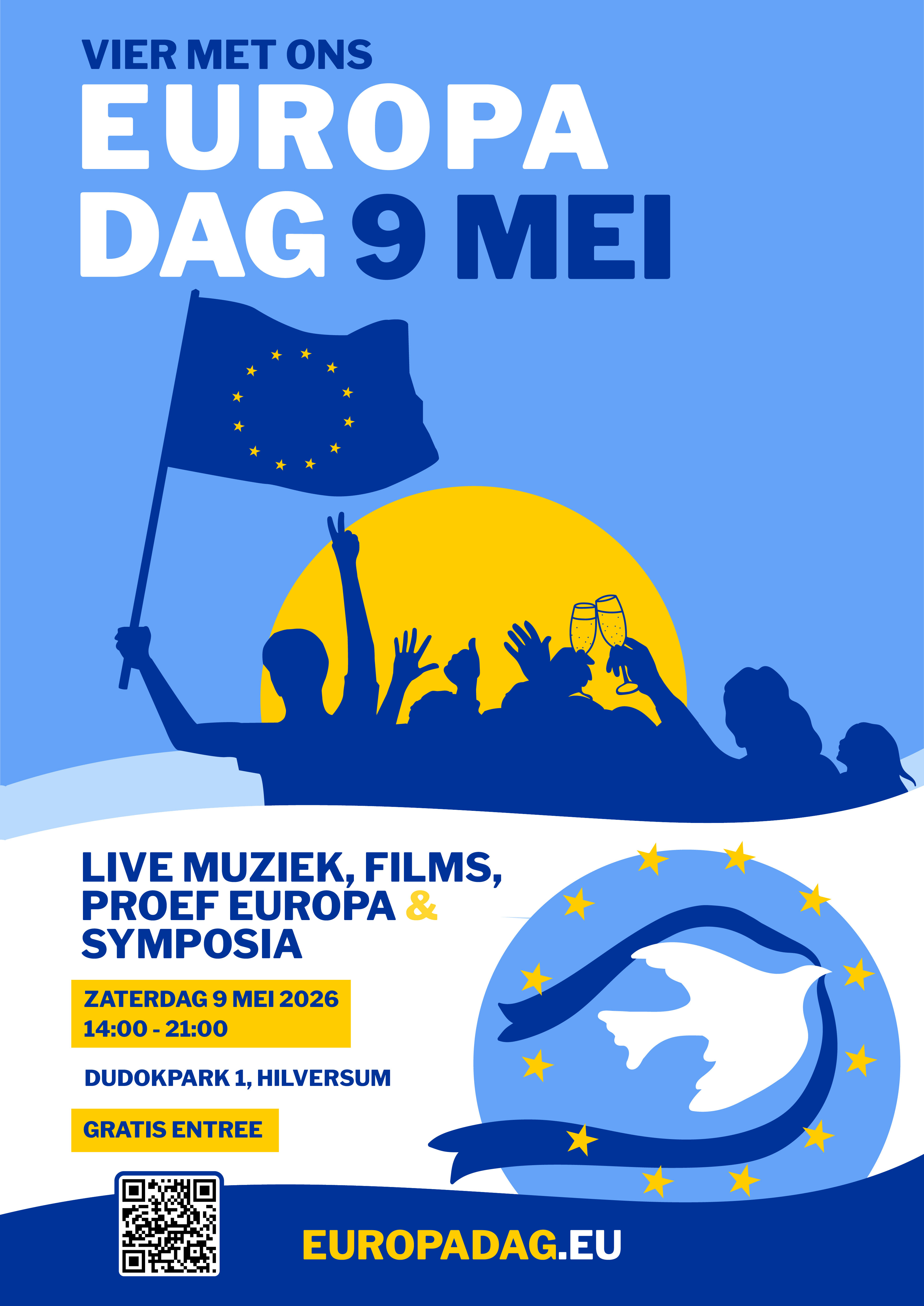 flyer Europadag 2026 in Hilversum, met datum, tijd en programma